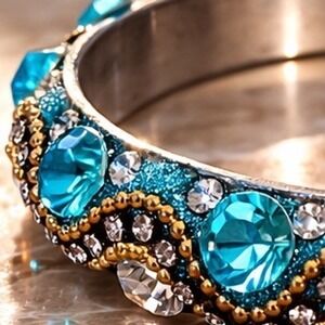 Bangle Bracelet Turquoise Blue & Clear Crystal Wave Gold Silver Tone Statement